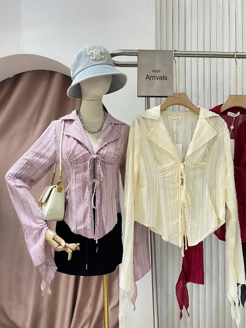 Collor Down Lace Tie Up Long Sleeves Tops